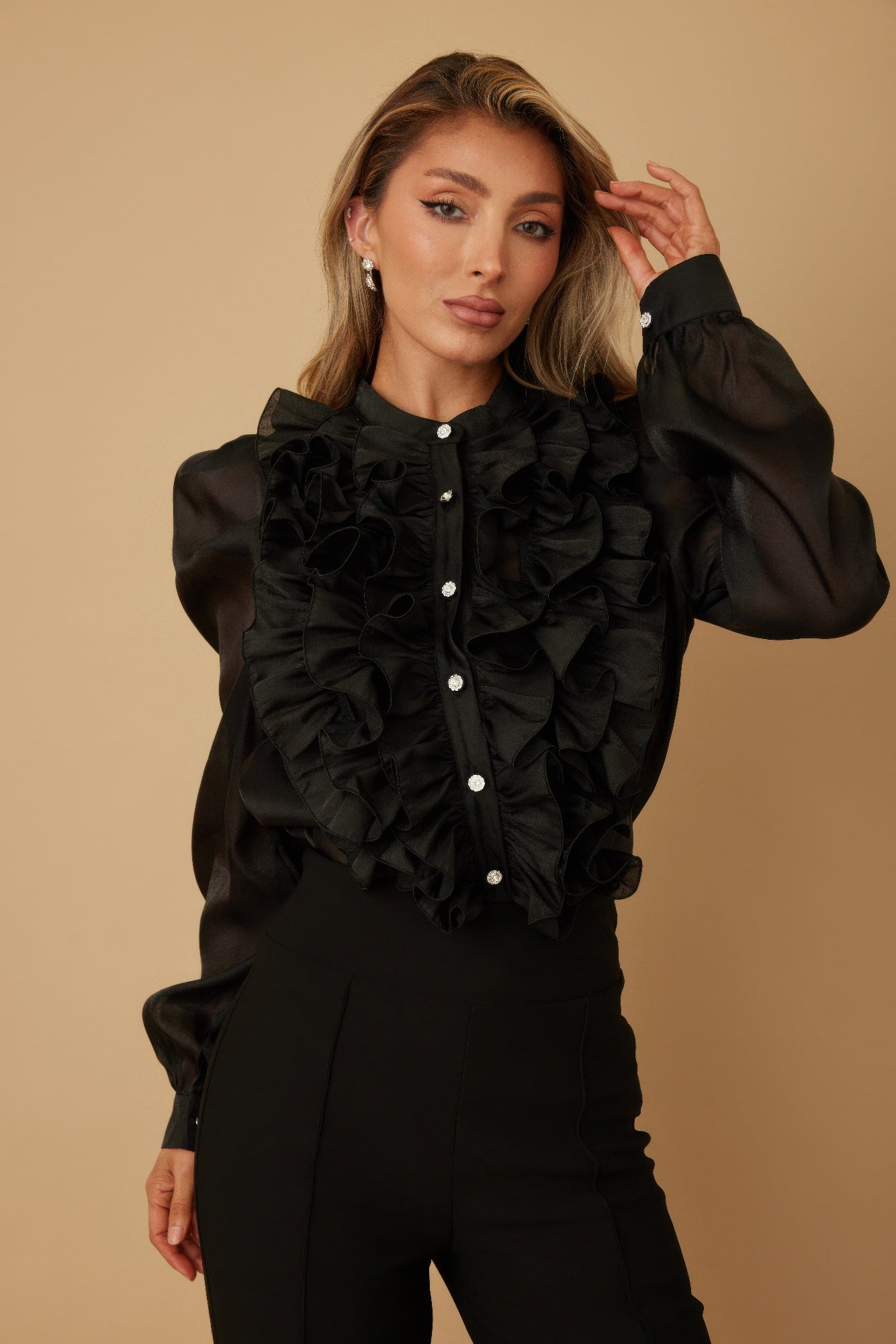 Ruffle Micro Crystal Long Sleeve Blouse -