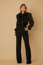 Ruffle Micro Crystal Long Sleeve Blouse -