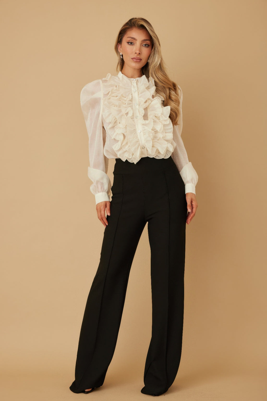 Ruffle Micro Crystal Long Sleeve Blouse -