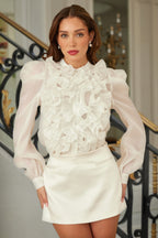 Ruffle Micro Crystal Long Sleeve Blouse - White