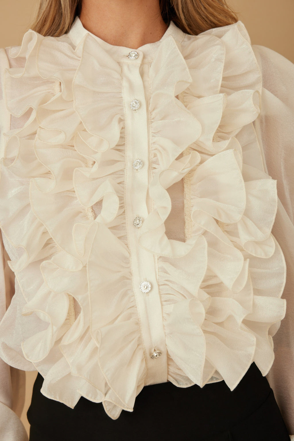 Ruffle Micro Crystal Long Sleeve Blouse -