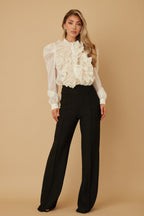 Ruffle Micro Crystal Long Sleeve Blouse -