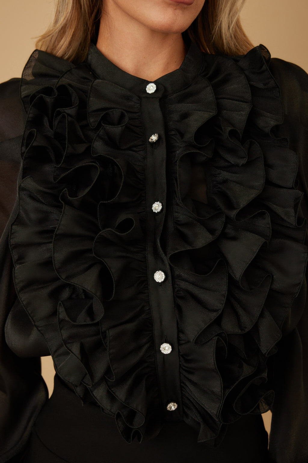 Ruffle Micro Crystal Long Sleeve Blouse -