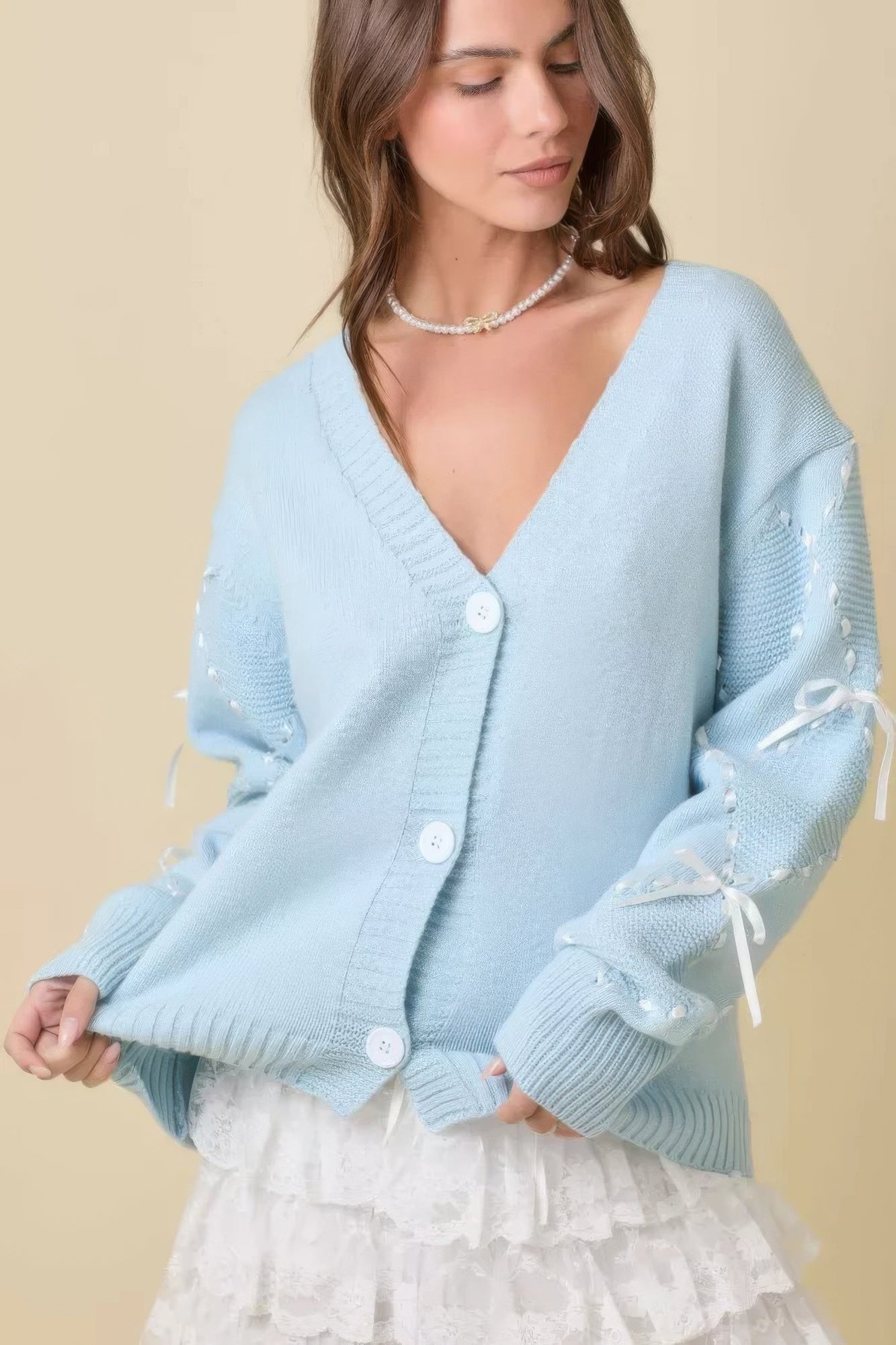 Satin Ribbon Sleeve Knit Cardigan - Light Blue Main image