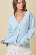 Satin Ribbon Sleeve Knit Cardigan - Light Blue