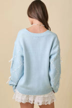 Satin Ribbon Sleeve Knit Cardigan -