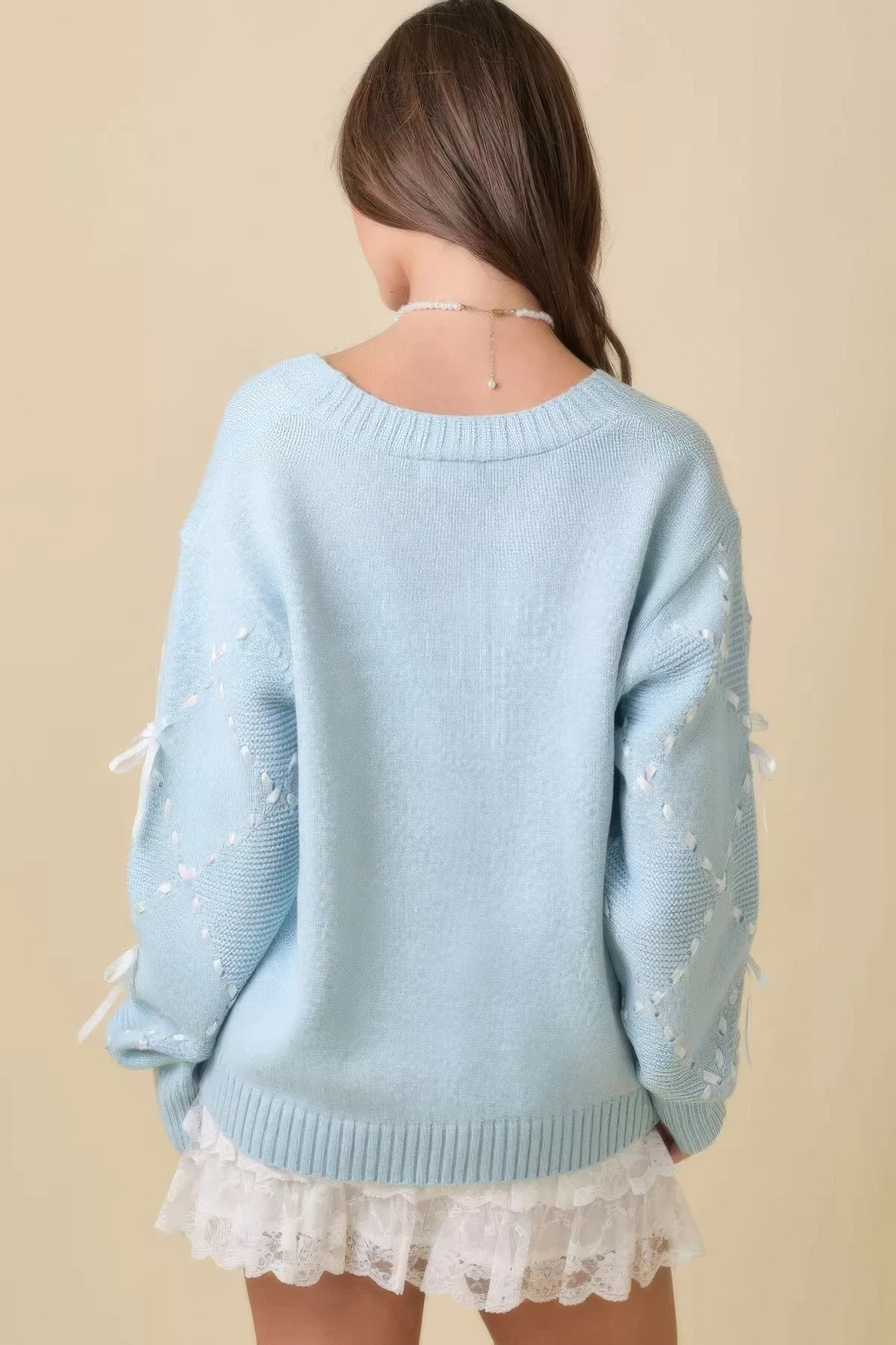Satin Ribbon Sleeve Knit Cardigan -