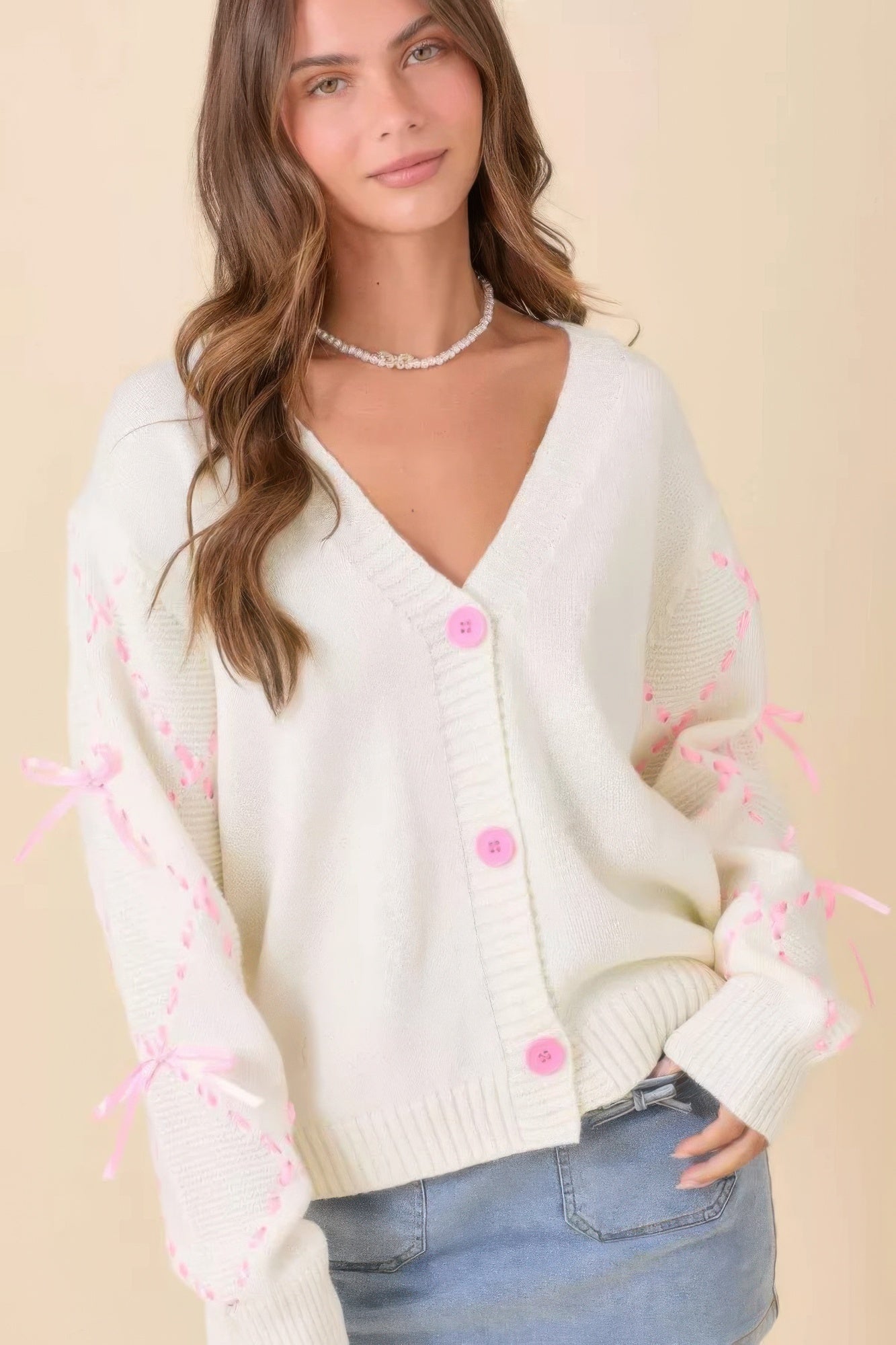 Satin Ribbon Sleeve Knit Cardigan - Ivory