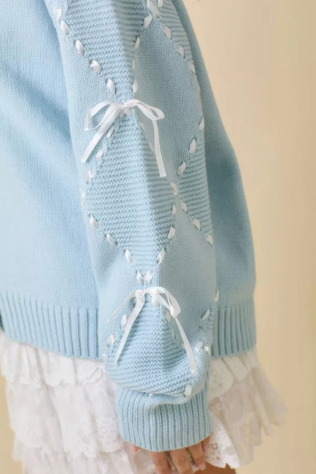 Satin Ribbon Sleeve Knit Cardigan -