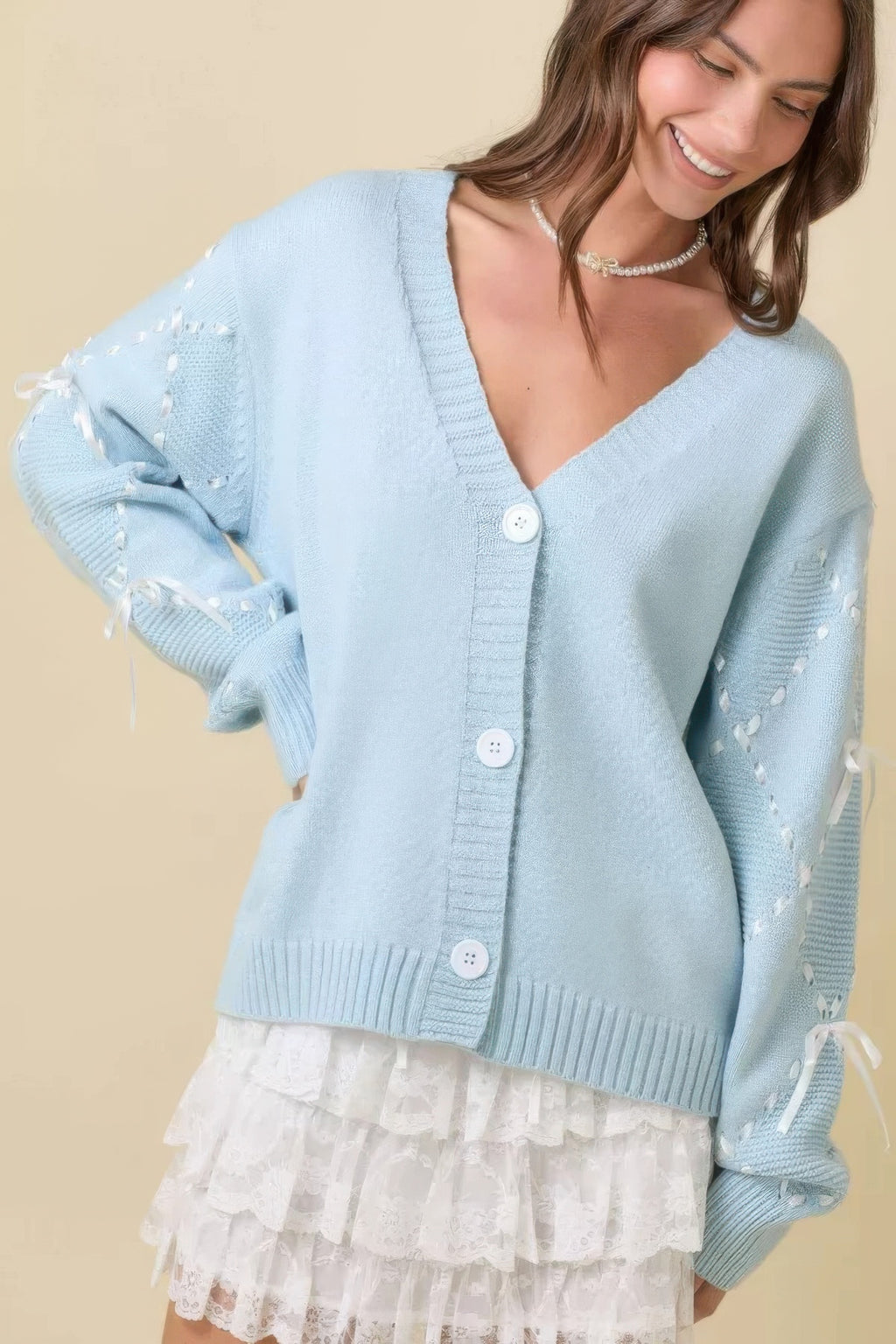 Satin Ribbon Sleeve Knit Cardigan -
