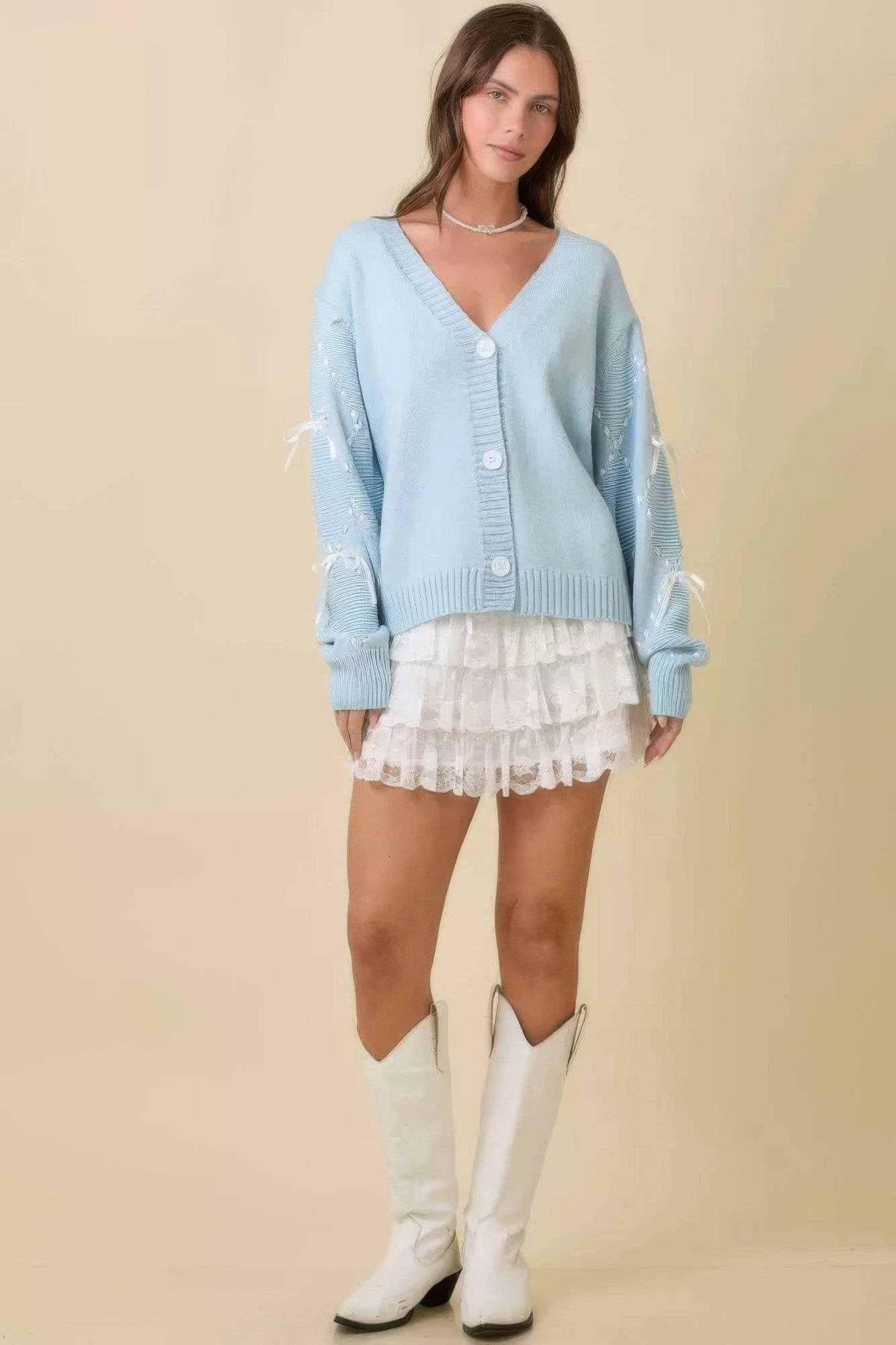 Satin Ribbon Sleeve Knit Cardigan Secondary image