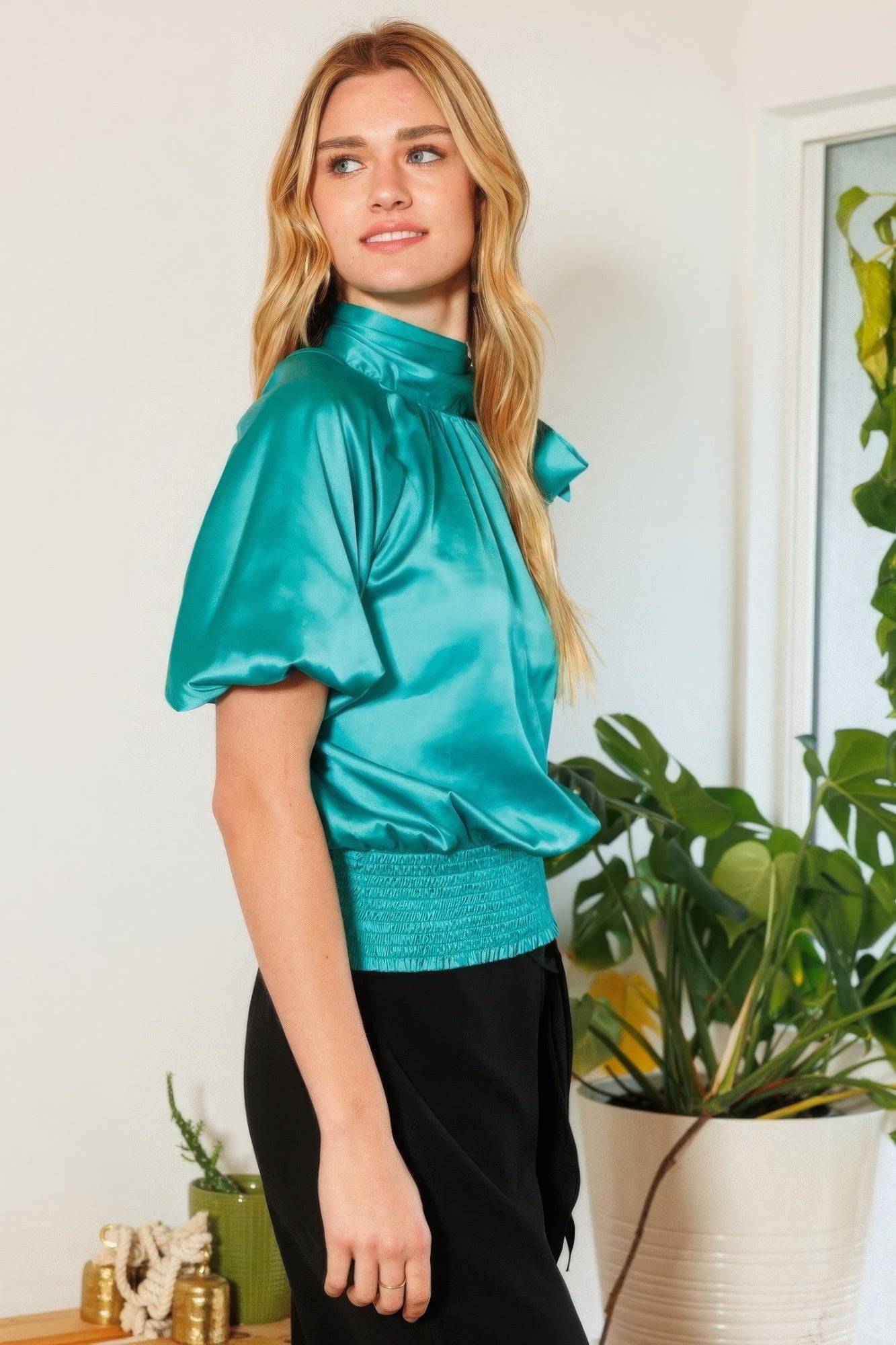 Satin Smocked Waist Blouse -