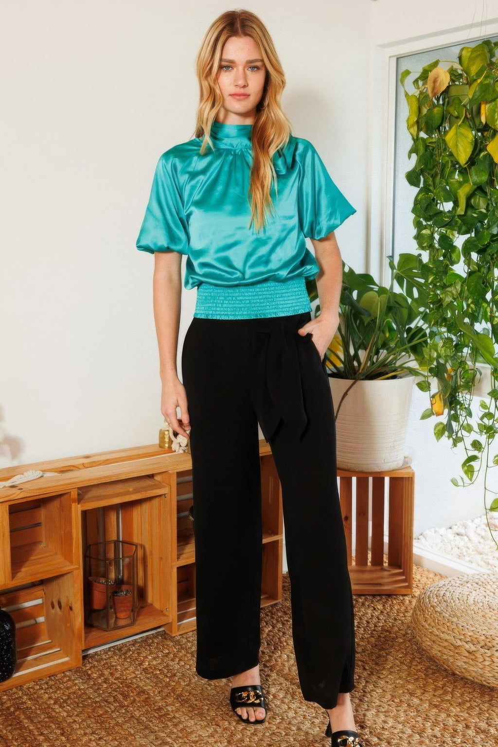 Satin Smocked Waist Blouse -