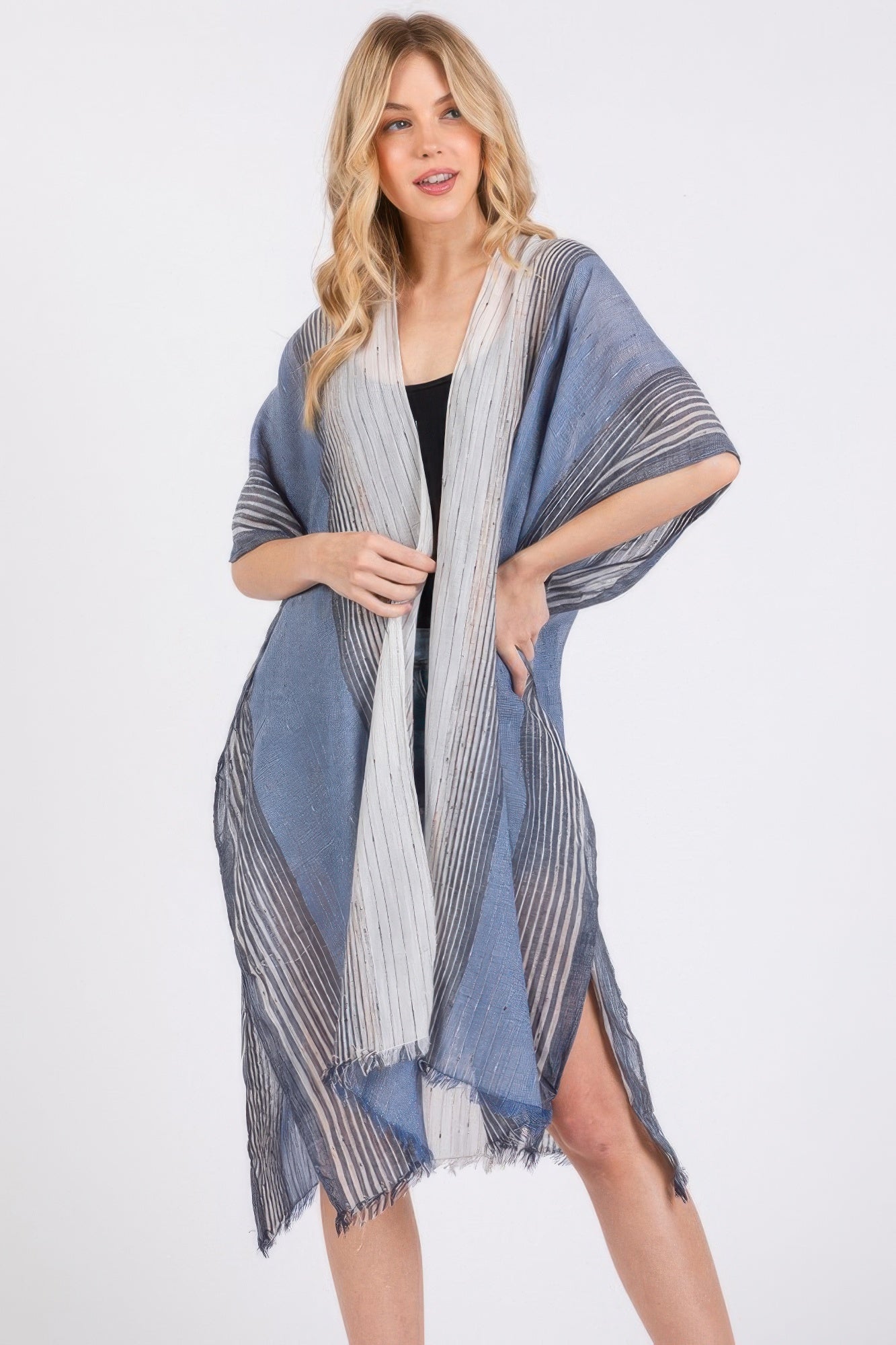 Striped Two Tone Cover Up Kimono - Navy Main image