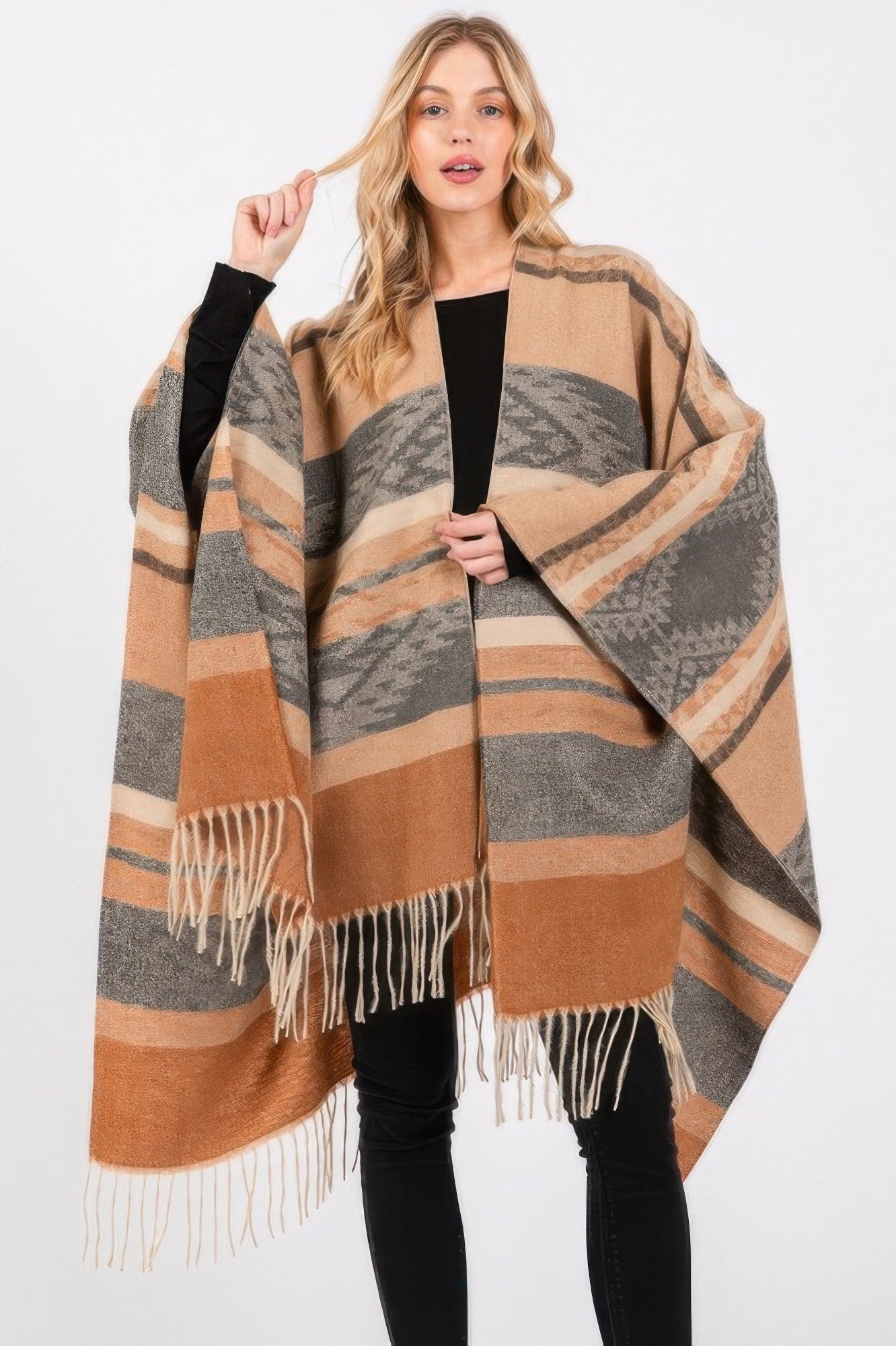 Tribal Fringe Knit Ruana - Taupe One Size Fits All Main image