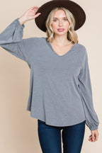 V Neck Relaxed Knit Pullover - Grey
