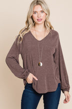 V Neck Relaxed Knit Pullover - Brown
