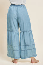 Washed Denim Tiered Wide Leg Pants -