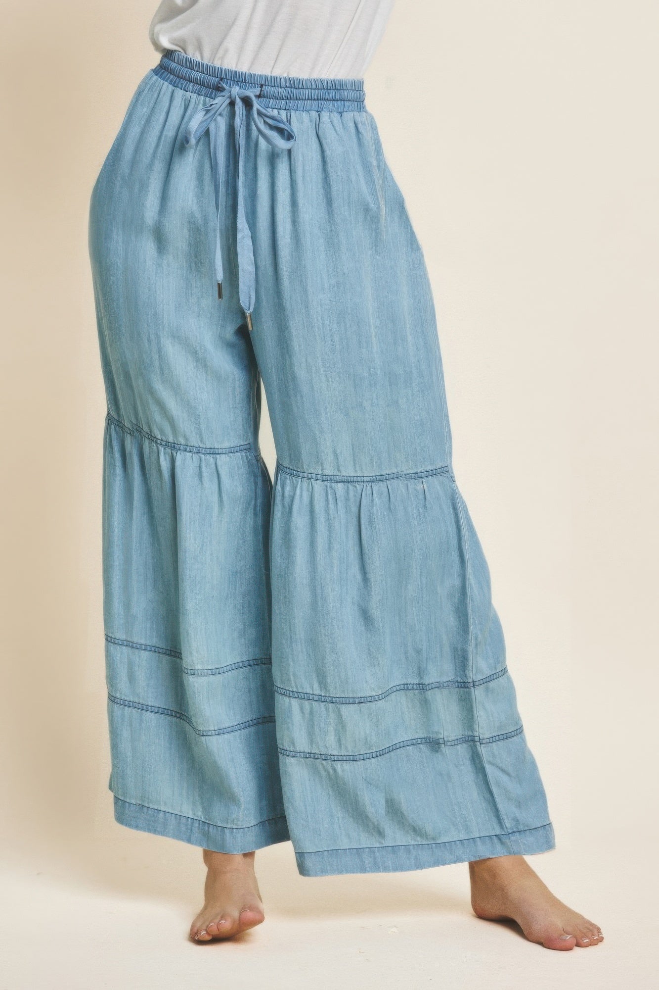 Washed Denim Tiered Wide Leg Pants Secondary image