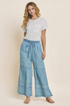 Washed Denim Tiered Wide Leg Pants -