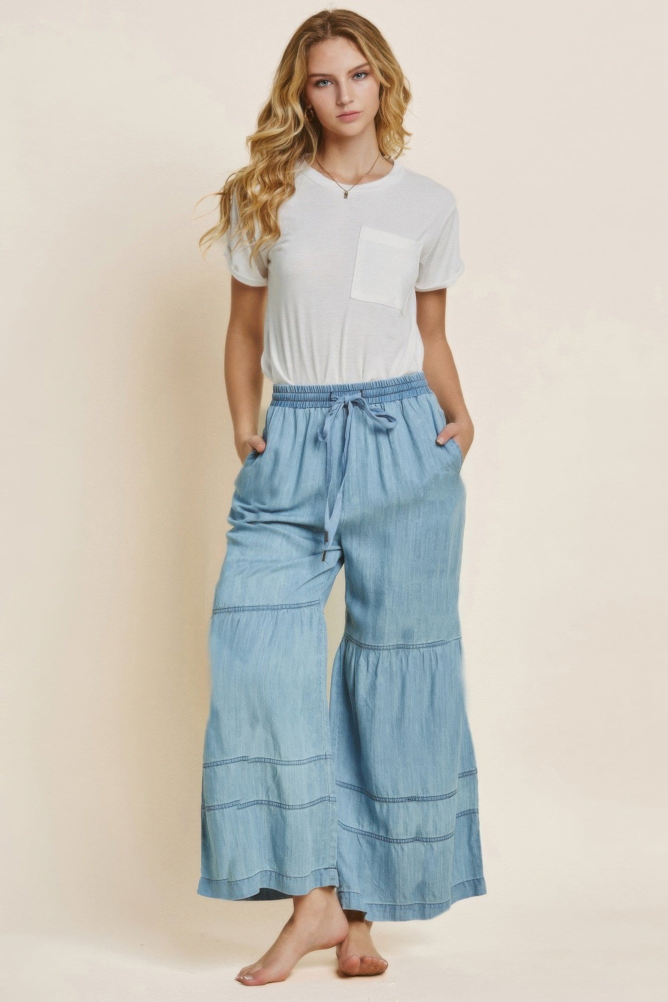 Washed Denim Tiered Wide Leg Pants - Denim Main image
