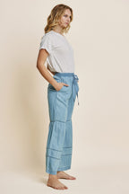 Washed Denim Tiered Wide Leg Pants -